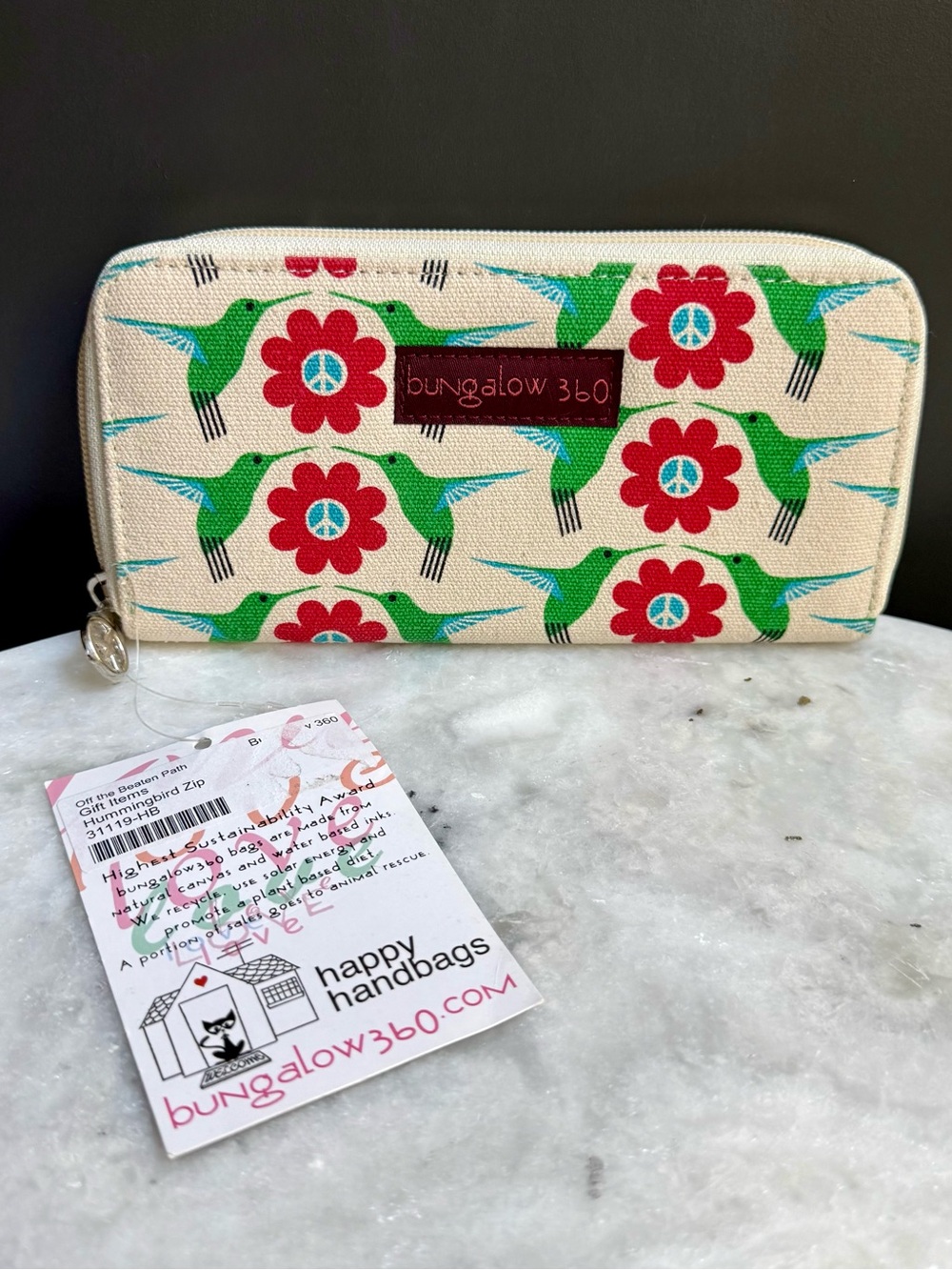 NWT Bungalow 360
Hummingbird Zip Around Canvas
Wallet - Eco Friendly